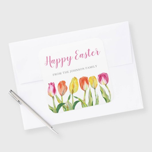 Chic Pink Floral Tulips Happy Oaster Quadratischer Aufkleber