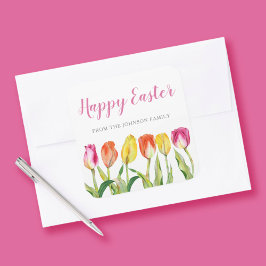 Chic Pink Floral Tulips Happy Oaster Quadratischer Aufkleber