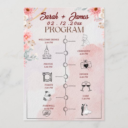 Chic Pink Floral Wedding Programm (Vorderseite)
