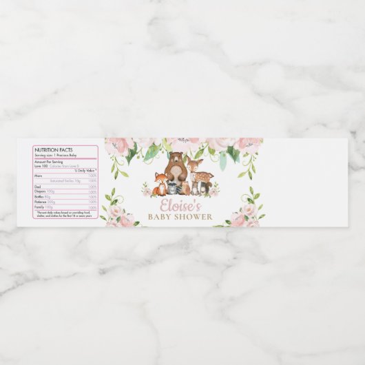 Chic Pink Floral Woodland Animals Baby Dusche Wasserflaschenetikett (Einzelnes Label)