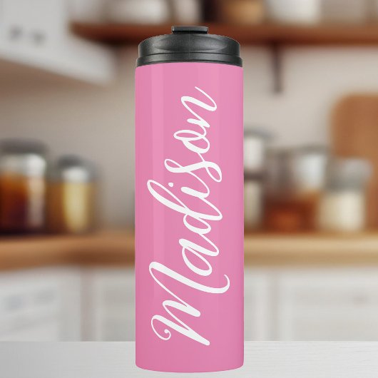 Chic Pink Girls Name White Script Personalisiert Thermosbecher
