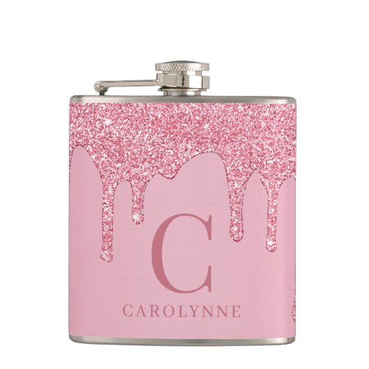 Chic Pink Glitter Glanz Tropfen Monogramm Flachmann (Vorderseite)