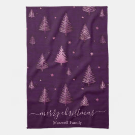 Chic pink glitter merry christmas trees name geschirrtuch