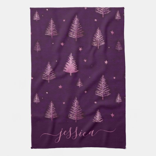 Chic pink glitter purple christmas trees name geschirrtuch (Vertikal)