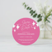 Chic Pink Glitzer Disco Ball Wedding Save the Date Einladung (Stehend Vorderseite)