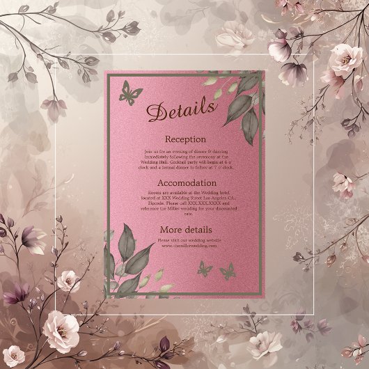 Chic Pink Glitzer Foliage Hochzeit Begleitkarte