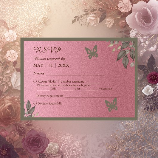 Chic Pink Glitzer Foliage Hochzeit RSVP Karte