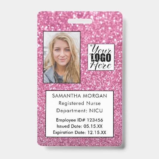 Chic Pink Glitzer Foto Logo Mitarbeiter-ID Ausweis (Vorderseite)