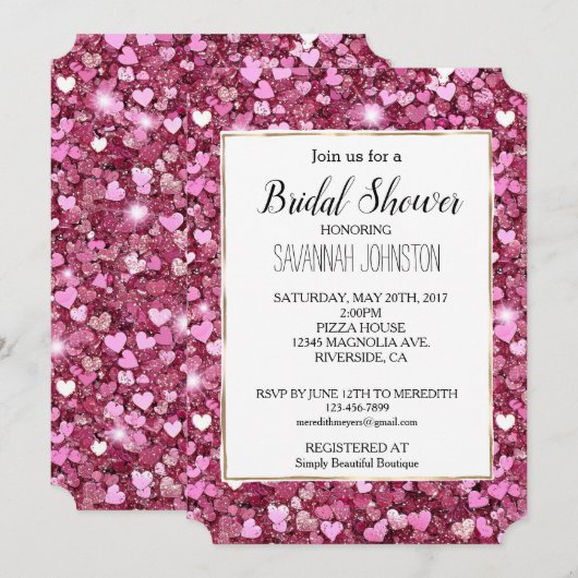 Chic Pink Glitzer Herz Einladung (Vorne/Hinten)