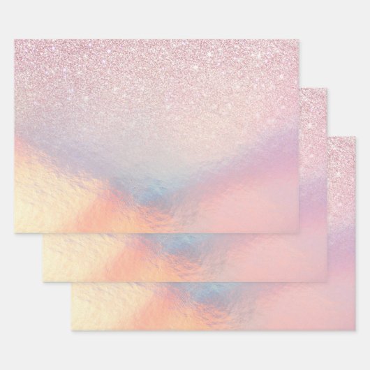 Chic Pink Glitzer Iridescent Holographic Gradient Geschenkpapier Set (Set)
