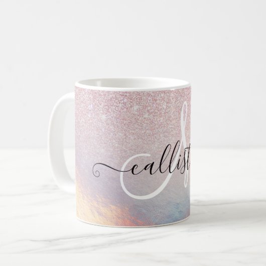 Chic Pink Glitzer Iridescent Holographic Gradient Kaffeetasse (Vorderseite Links)