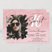 Chic pink Glitzer ombre blumengeschmücktes Foto Sw Einladung (Vorne/Hinten)