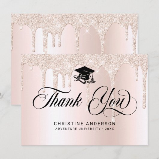 Chic Pink Glitzer Tropfen Black Script Abschluss Dankeskarte (Vorne/Hinten)