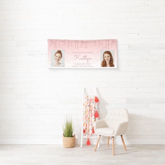 Chic Pink Glitzer Tropfen Zwei Foto Abschluss Banner (Insitu)