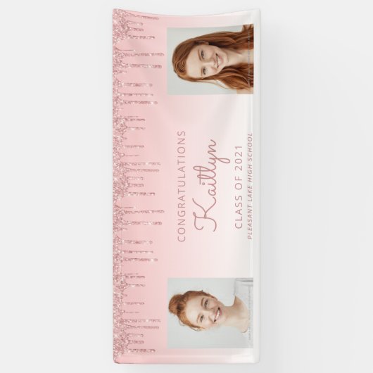 Chic Pink Glitzer Tropfen Zwei Foto Abschluss Banner (Vertikal)