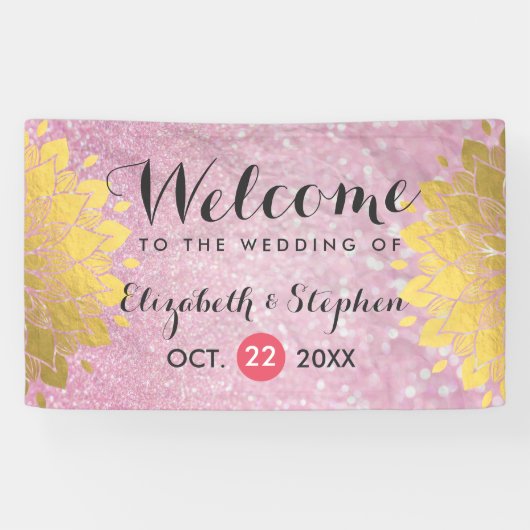 Chic Pink Glitzer und Gold Floral Wedding Banner (Horizontal)