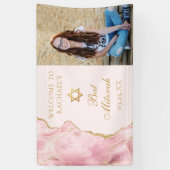 Chic Pink Gold Agate Bat Mitzvah Foto Party Banner (Vertikal)