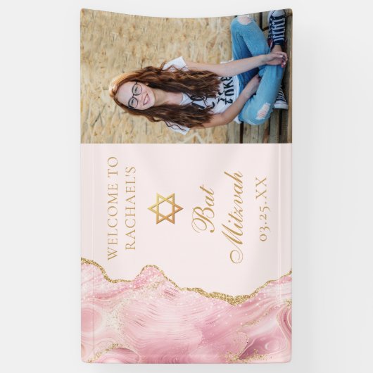 Chic Pink Gold Agate Bat Mitzvah Foto Party Banner (Vertikal)