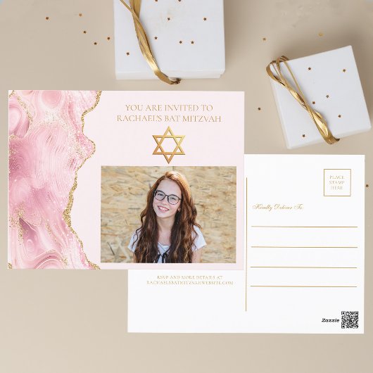 Chic Pink Gold Agate Bat Mitzvah Foto Party Postkarte