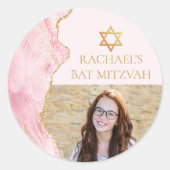 Chic Pink Gold Agate Bat Mitzvah Foto Party Runder Aufkleber (Vorderseite)