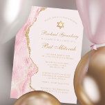 Chic Pink Gold Agate Bat Mitzvah Party Custom Einladung<br><div class="desc">Chic Rosa und Goldmedaille schmücken die Seite dieser wunderschönen,  femininen Bat Mitzvah Zeremonie und Party Einladung. Der Name Ihrer Tochter ist in einem schönen formalen Drehbuch unter dem Stern von David geschrieben. Ideal für eine stilvolle jüdische Familie,  die ein Mädchen feiert,  das zur Tora gerufen wird.</div>