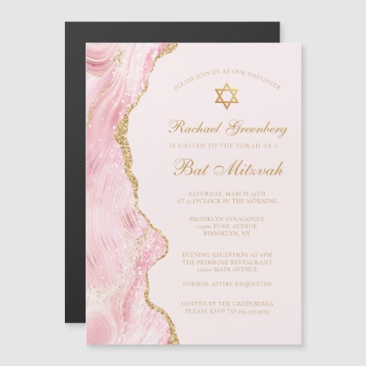 Chic Pink Gold Agate Bat Mitzvah Party Custom Magneteinladung (Vorne/Hinten)