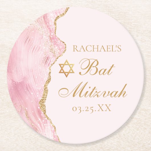 Chic Pink Gold Agate Bat Mitzvah Party Custom Runder Pappuntersetzer (Vorderseite)