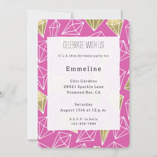 Chic Pink Gold Diamonds Geburtstag Einladung (Vorderseite)