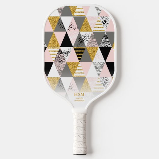 Chic Pink Gold Dreiecke Benutzerdefinierter Monogr Pickleball Schläger (Vorderseite)