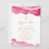Chic Pink Gold Glitzer Agate Bat Mitzvah Einladung (Vorderseite)