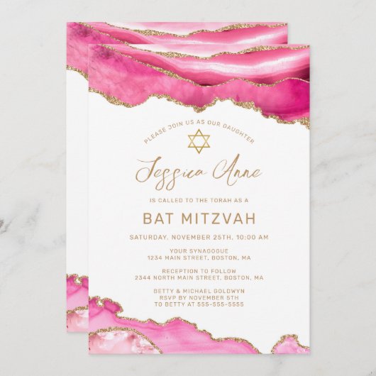 Chic Pink Gold Glitzer Agate Bat Mitzvah Einladung (Vorne/Hinten)