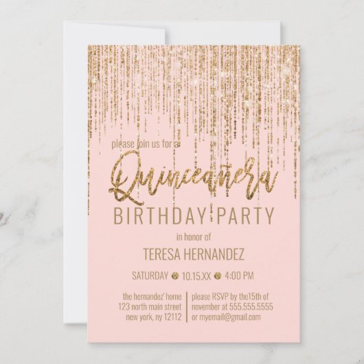 Chic Pink Gold Glitzer Fringe Vorhang Quinceañera Einladung (Vorderseite)
