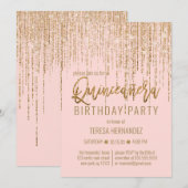 Chic Pink Gold Glitzer Fringe Vorhang Quinceañera Einladung (Vorne/Hinten)