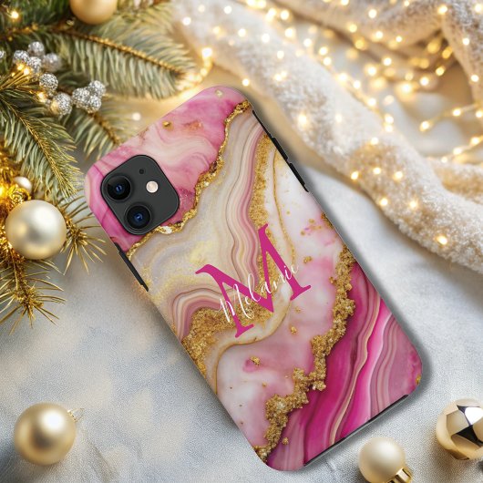 Chic Pink Gold Glitzer Marble Agate Monogram Case-Mate iPhone Hülle