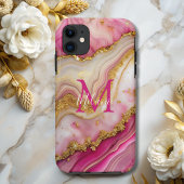 Chic Pink Gold Glitzer Marble Agate Monogram Case-Mate iPhone Hülle