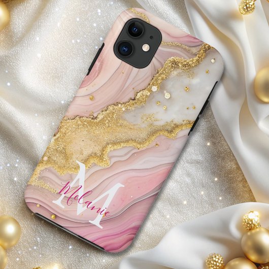 Chic Pink Gold Glitzer Marble Agate Monogram Case-Mate iPhone Hülle