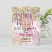Chic pink Gold Glitzer Tropfen Monogramm Einladung (Stehend Vorderseite)