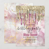 Chic pink Gold Glitzer Tropfen Monogramm Einladung (Vorne/Hinten)