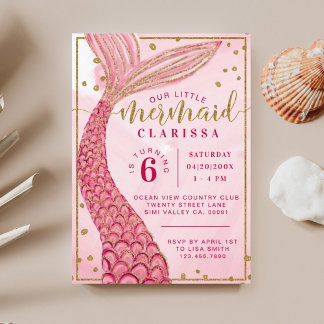 Chic Pink Gold Kleine Meerjungfrau Geburtstagsfeie Einladung