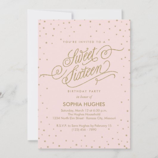 Chic Pink & Gold Stars 16 . Geburtstag Party Einladung (Vorderseite)