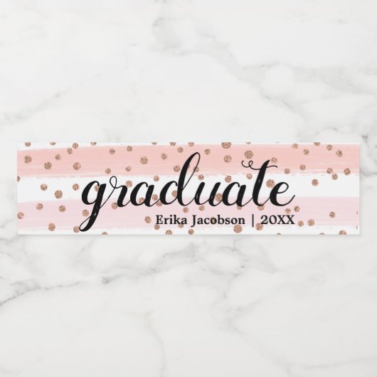 Chic Pink & Gold Striped Graduate Wasserflaschenetikett (Einzelnes Label)
