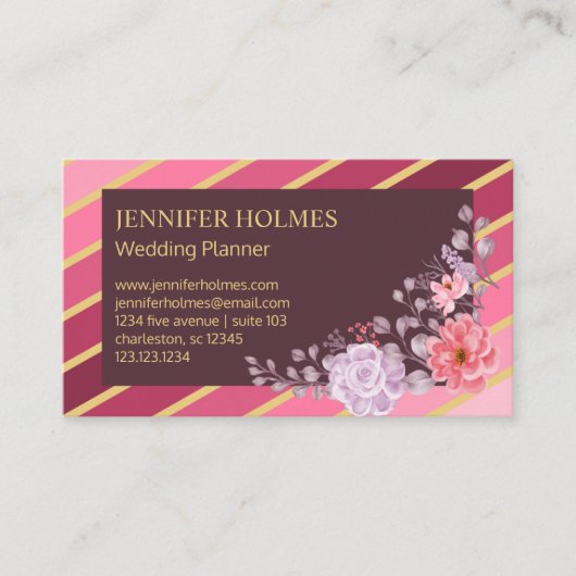 Chic Pink Gold Strips Floral Business Card Visitenkarte (Vorderseite)