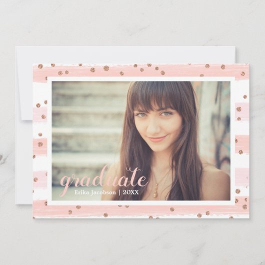 Chic Pink & Gold Stripte Graduate Party Cards Einladung (Vorderseite)