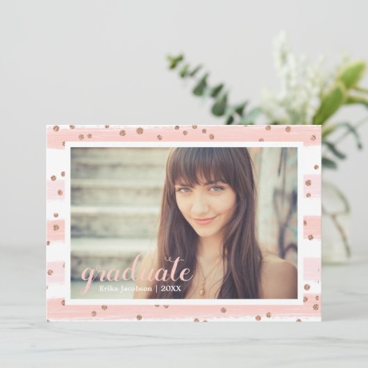 Chic Pink & Gold Stripte Graduate Party Cards Einladung (Stehend Vorderseite)
