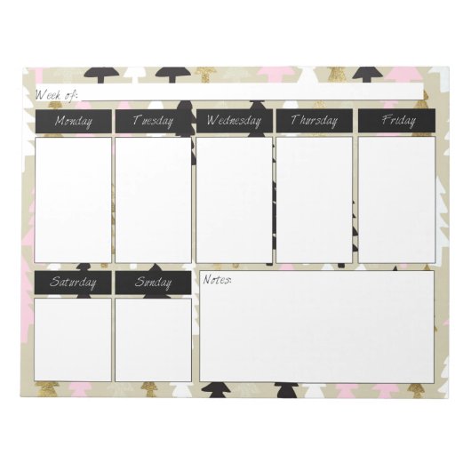 Chic Pink & Gold Tree Muster Weekly Notepad Notizblock (Vorderseite)