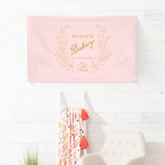 Chic Pink Gold Wreath Bakery Script-Logo Banner (Insitu)