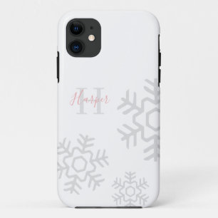 Chic Pink Gray Snowflake Monogram auf Weiß Case-Mate iPhone Hülle