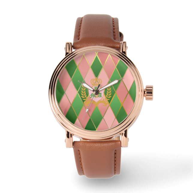 Chic Pink Green Argyle Monogrammed  Armbanduhr (Vorderseite)