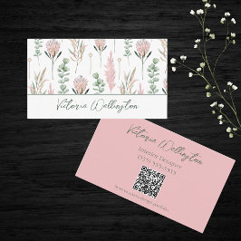 Chic Pink & Green Country Floral QR Code Visitenkarte