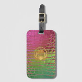 Chic Pink Green Croc Monogram Gold Crest Gepäckanhänger (Vorderseite Vertikal)